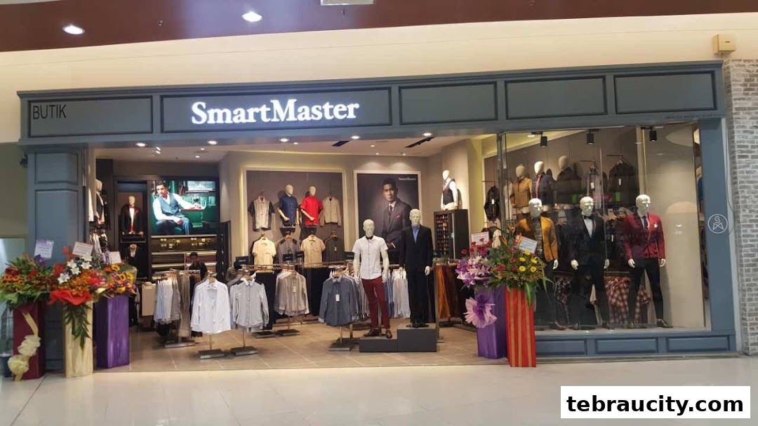 SmartMaster boutique showcases men's formal wear with mannequins and clothing displays.