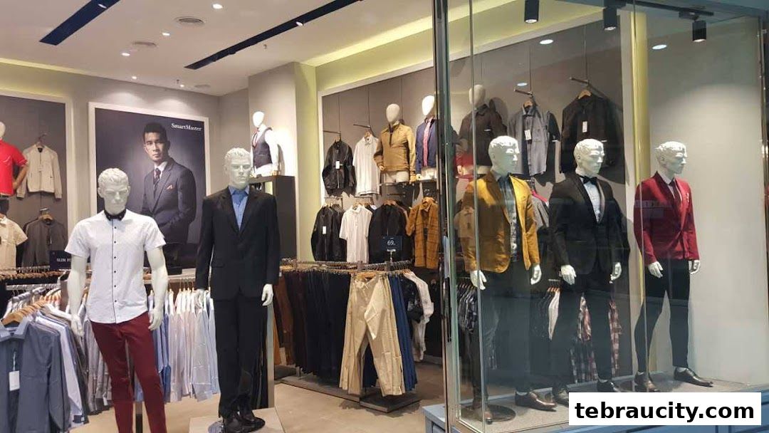 SmartMaster clothing store window display featuring mannequins in stylish suits and casual wear.