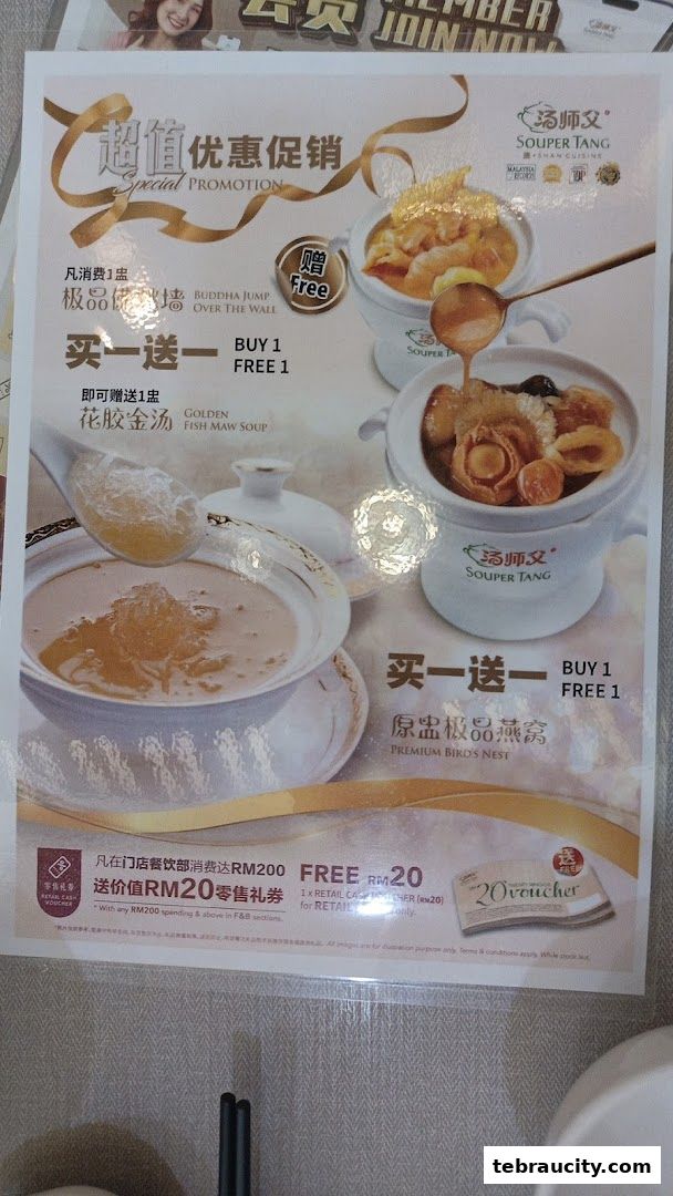 A promotional flyer for Souper Tang featuring buy-one-get-one offers on soups and a voucher.
