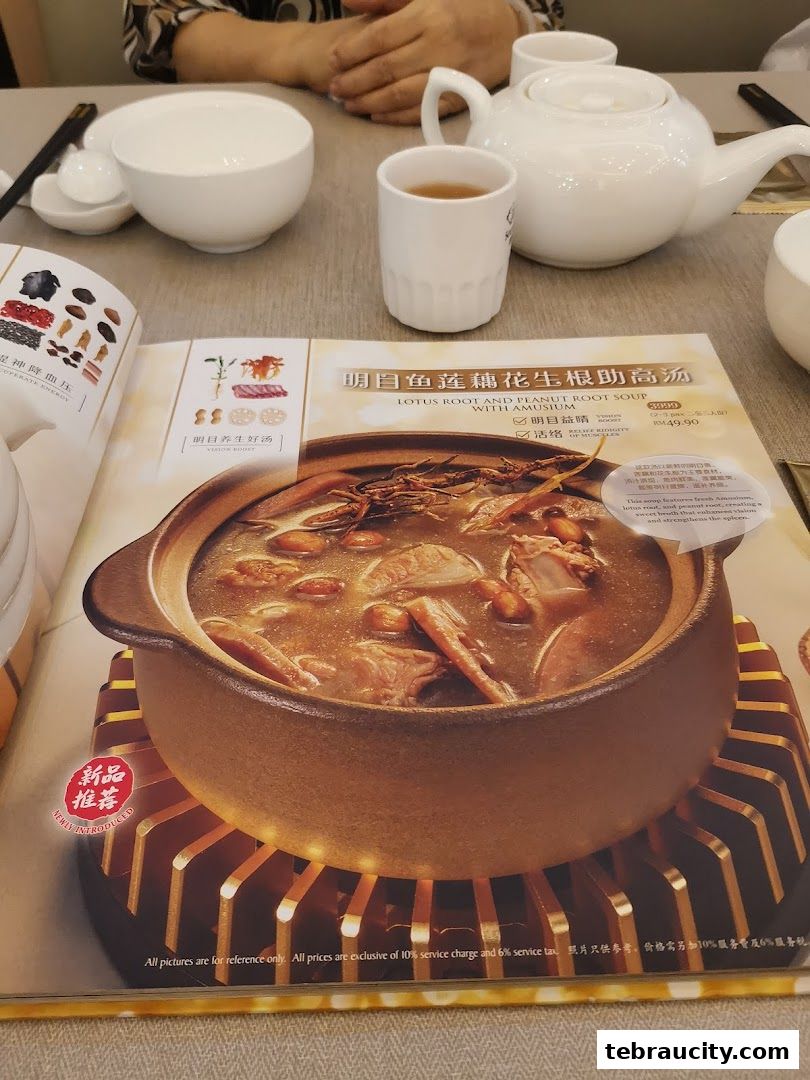 A menu featuring a hearty bowl of Lotus Root and Peanut Root Soup.