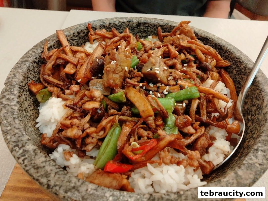 A close-up shot of a stone bowl filled with rice and a savory topping of mushrooms and meat.