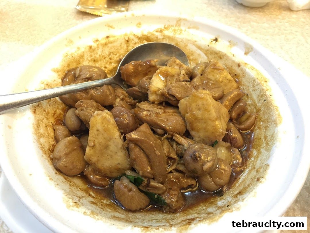 A close-up shot of a bowl of braised chicken and mushrooms with a spoon.