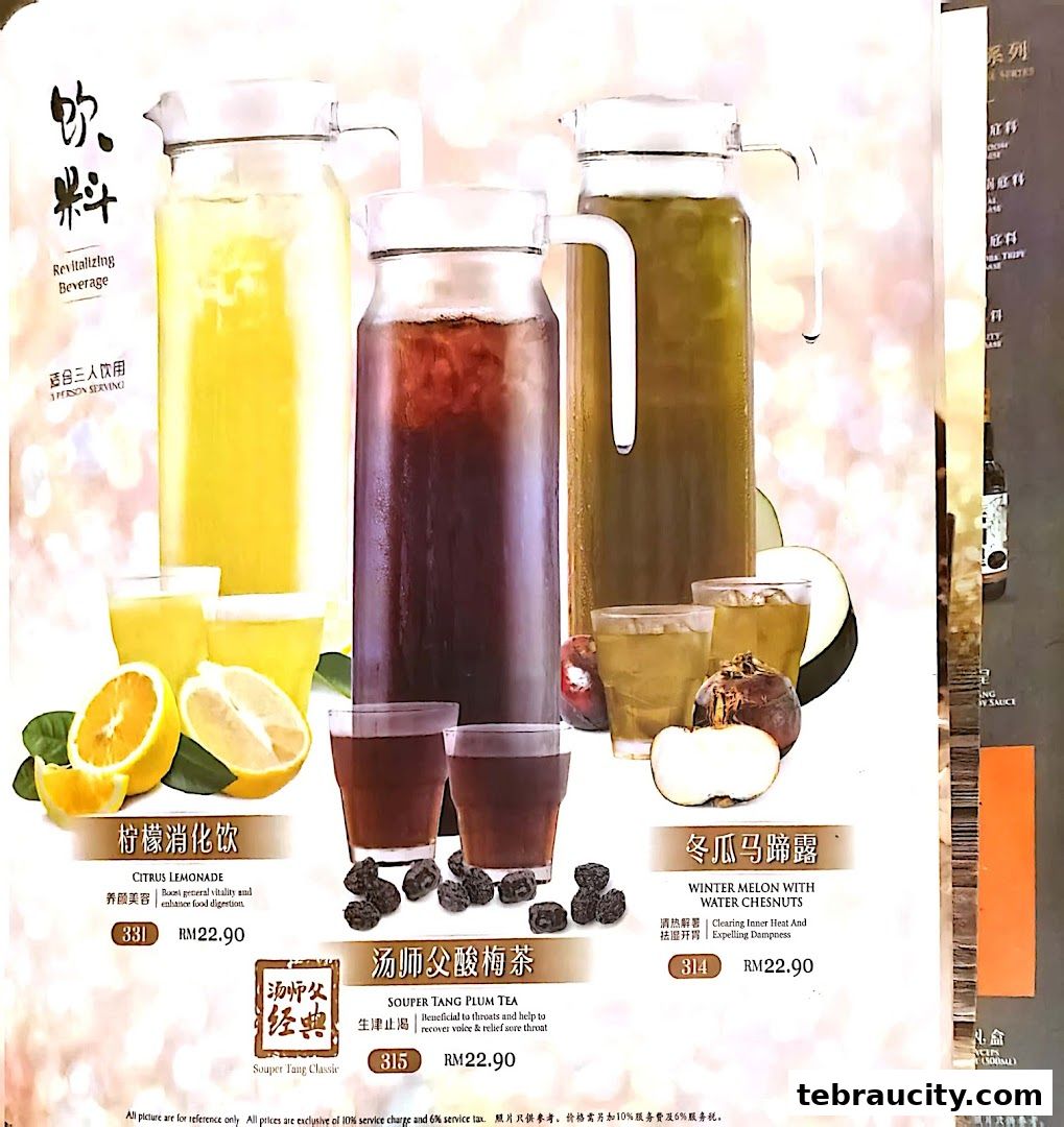 A menu featuring three revitalizing beverages: Citrus Lemonade, Winter Melon with Water Chestnuts, and Souper Tang Plum Tea.