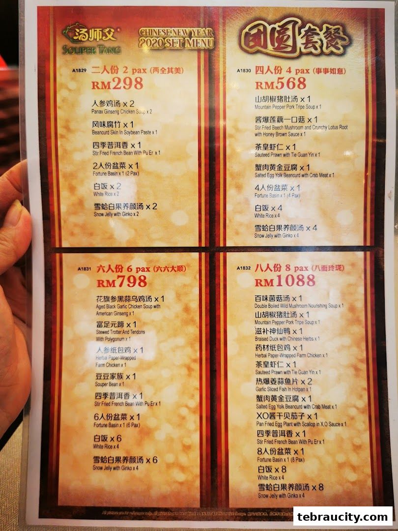 A menu from Souper Tang featuring Chinese New Year set menus for different pax sizes.