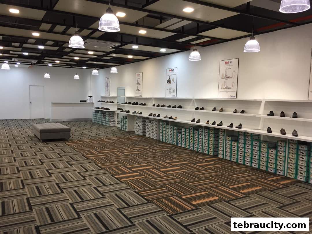 Interior view of a shoe store with shelves displaying shoes and boxes.