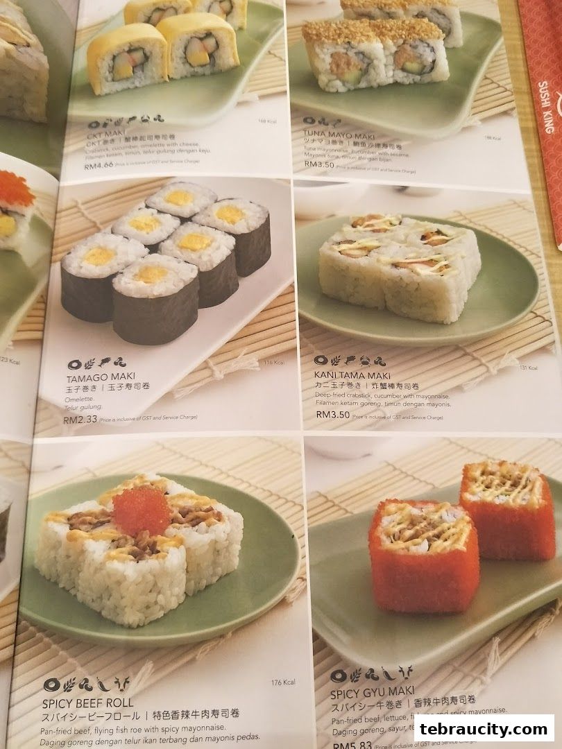 A menu page from Sushi King featuring various sushi rolls with descriptions and prices.
