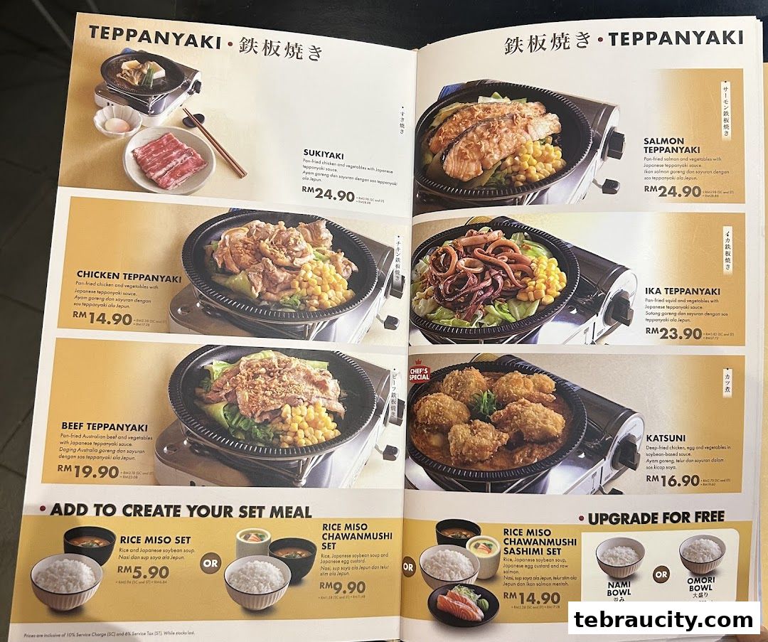 A menu page showcasing various Teppanyaki dishes, rice sets, and upgrade options.