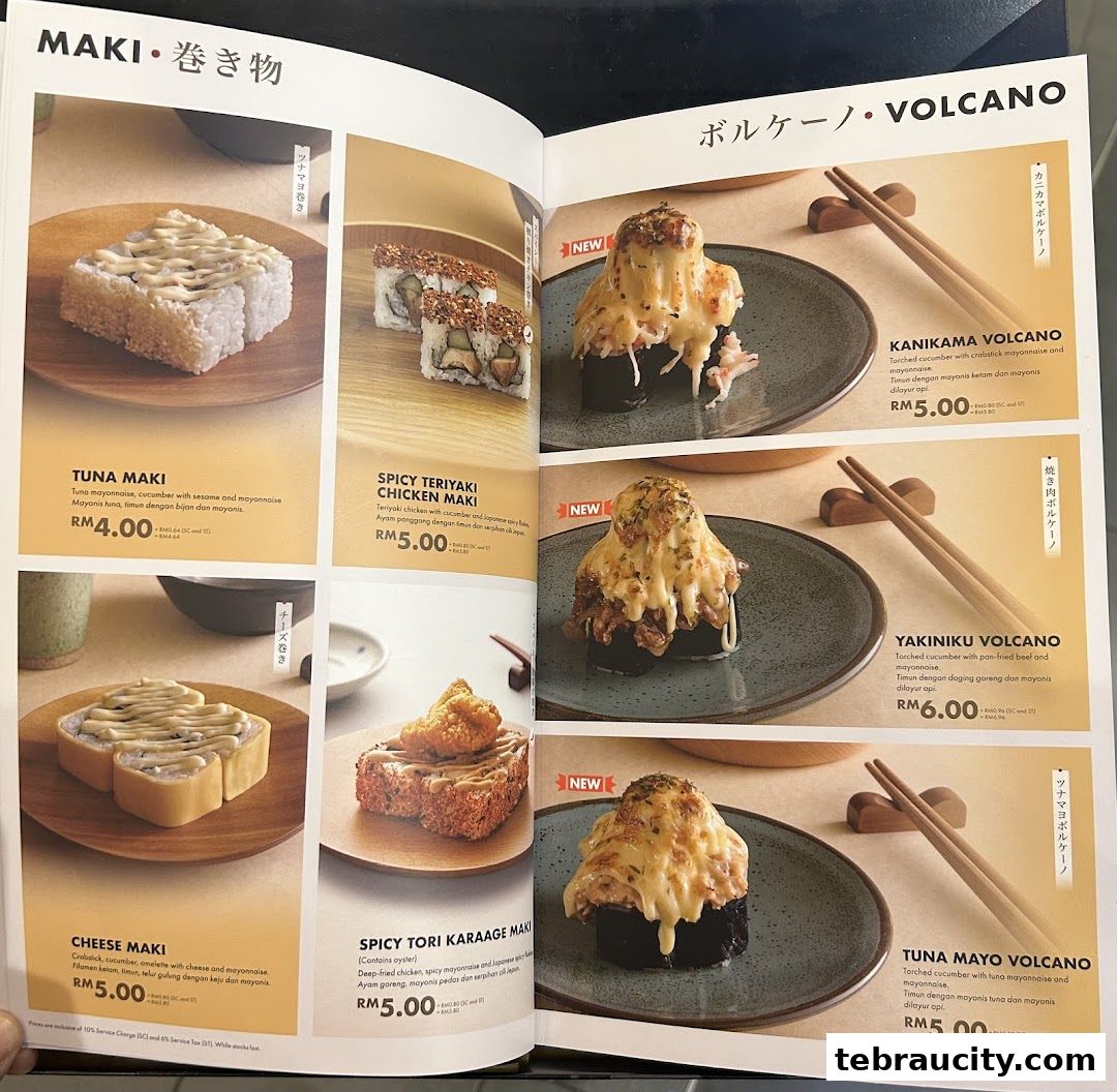 A menu page showcasing various sushi rolls and volcano-style sushi.