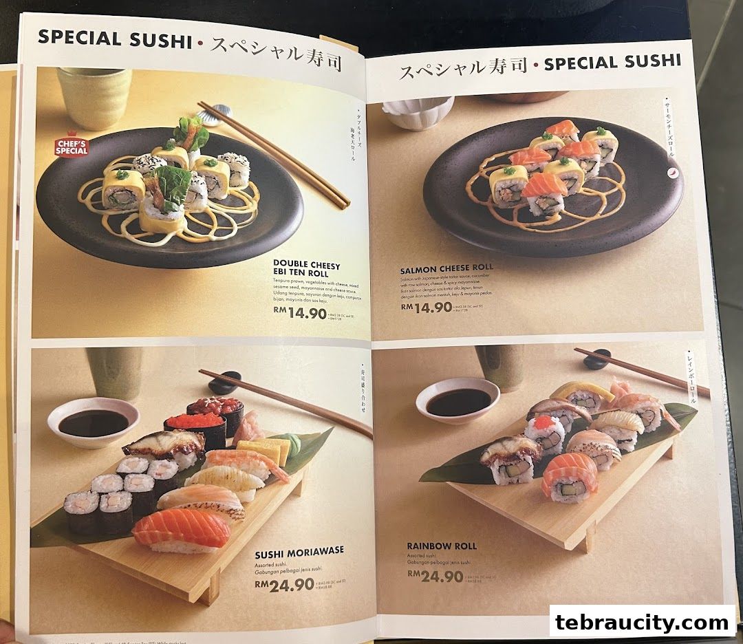 A menu spread showcasing various sushi rolls and platters with prices.
