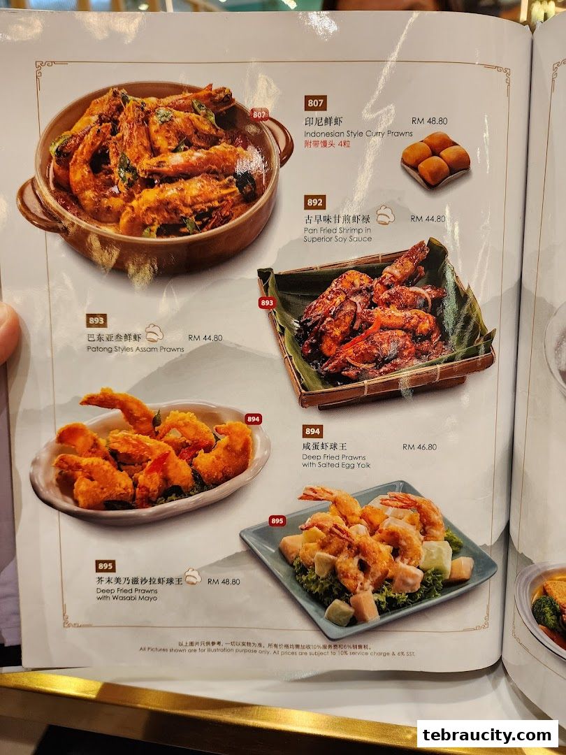 A menu page showcasing various prawn dishes with prices and descriptions.