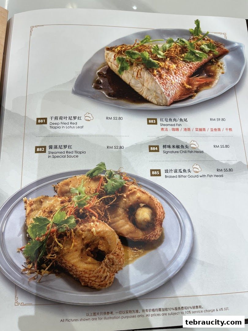 A menu page showcasing various fish dishes with prices and descriptions.