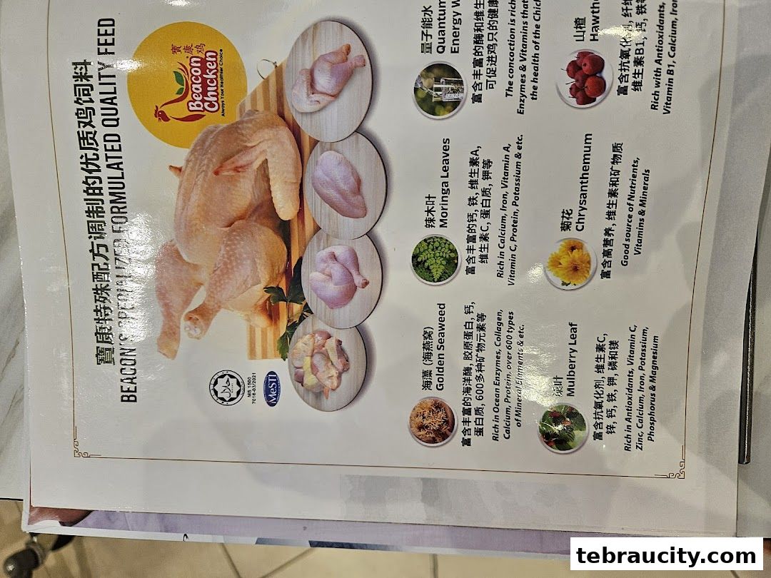 A menu showcasing Beacon Chicken's specialized formulated quality feed with various ingredients.