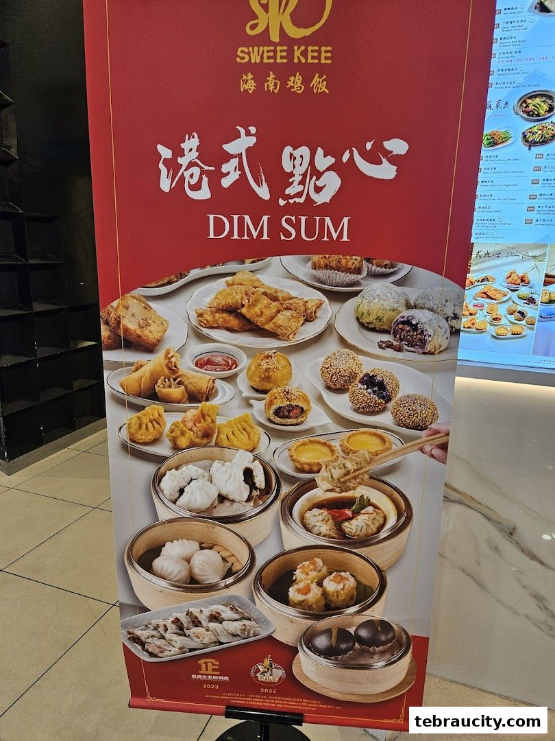 A red banner advertising Swee Kee's Dim Sum with various dim sum dishes displayed.