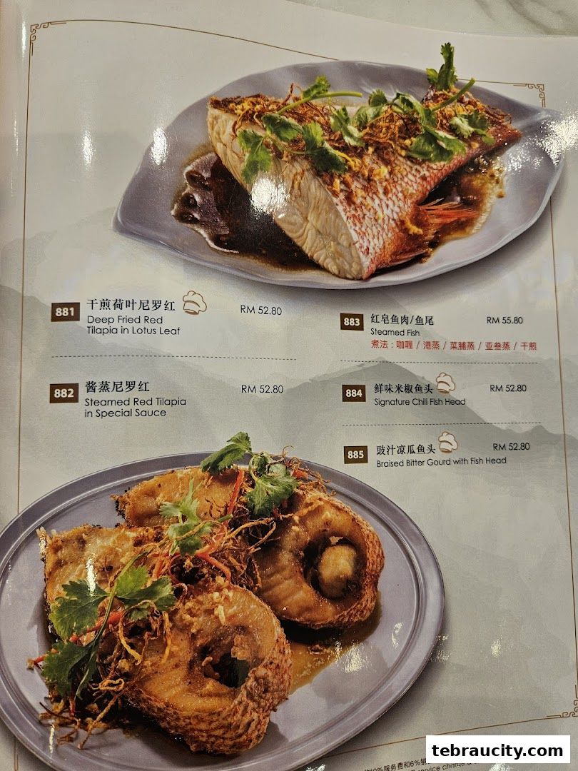 A menu page showcasing various fish dishes with prices and descriptions.