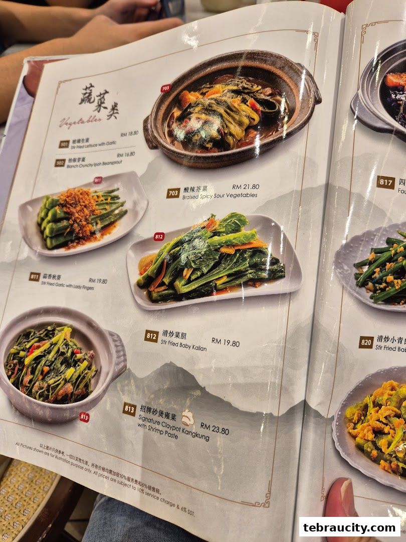 A menu page showcasing various vegetable dishes with prices and descriptions.