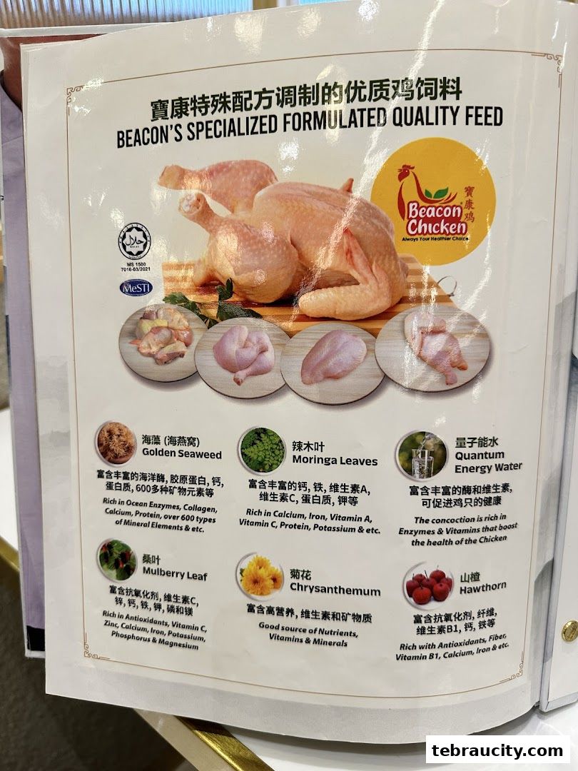 A brochure showcasing Beacon Chicken's specialized formulated quality feed with various ingredients.