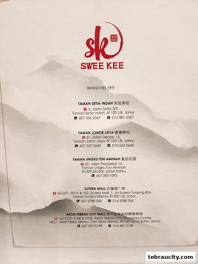 A list of branches for Swee Kee Chicken Rice, including addresses and contact numbers.