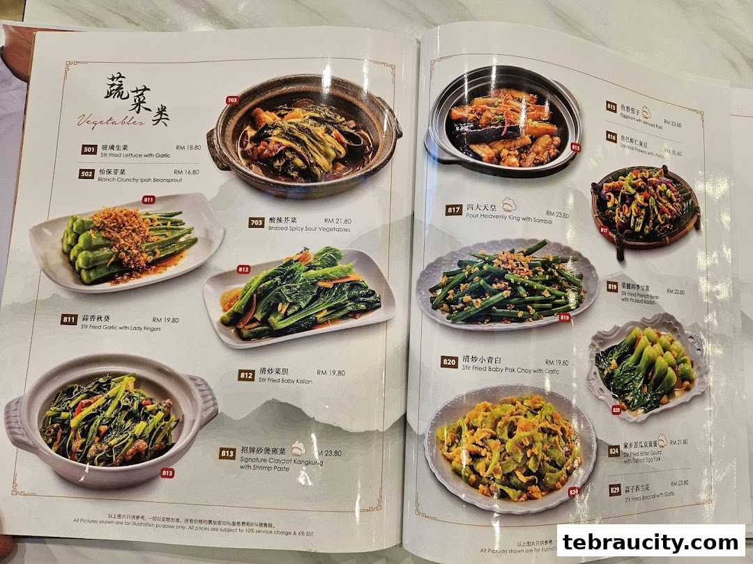 A menu page showcasing various vegetable dishes with descriptions and prices.