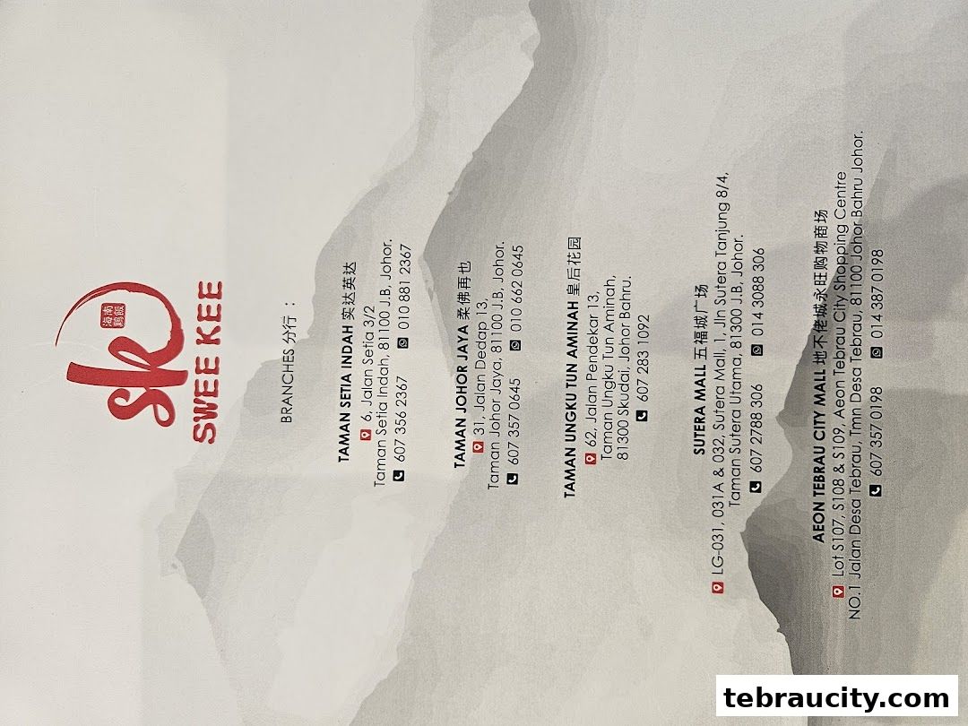 A list of branches for Swee Kee Chicken Rice with addresses and contact numbers.