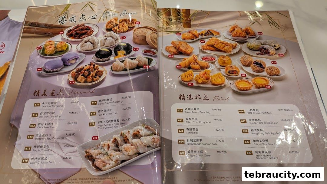 A menu showcasing various dim sum dishes, including steamed and fried options with prices.
