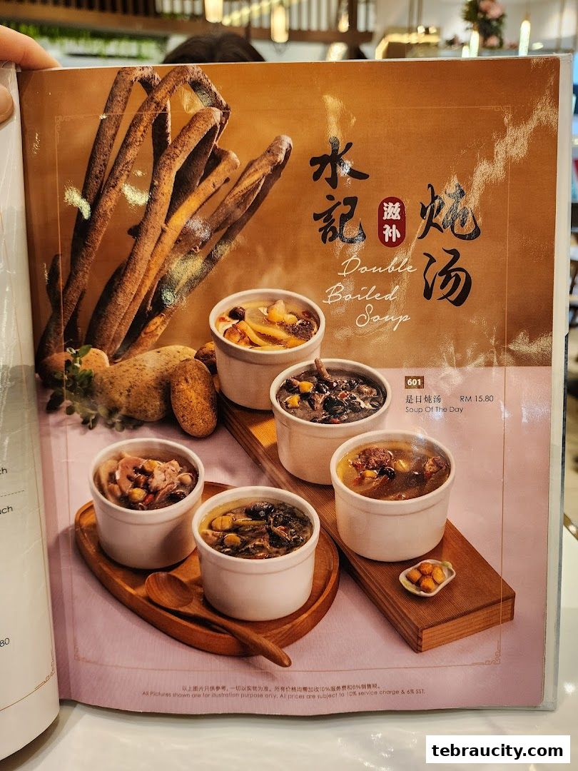 A menu page showcasing various bowls of double boiled soup with accompanying ingredients.