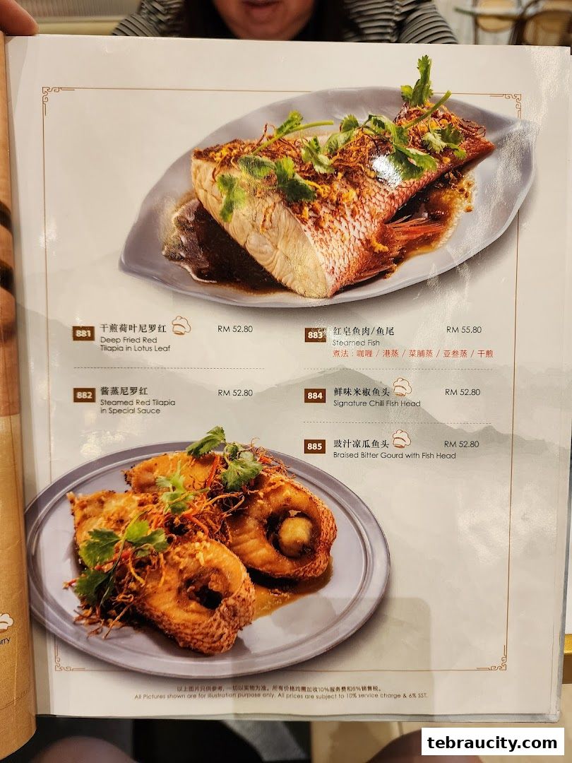 A menu page showcasing various fish dishes with prices and descriptions.