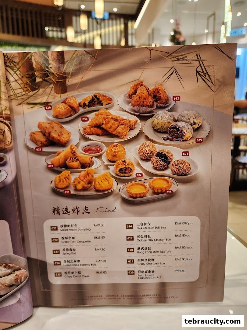 A menu showcasing various fried dim sum items with prices and descriptions.