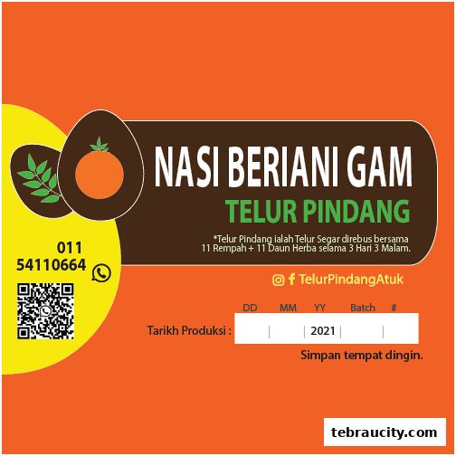 A graphic design for 'Telur Pindang' featuring product name and contact information.