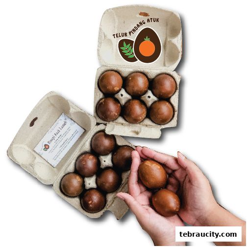 Hands holding brown eggs in a carton, with more eggs in the background.