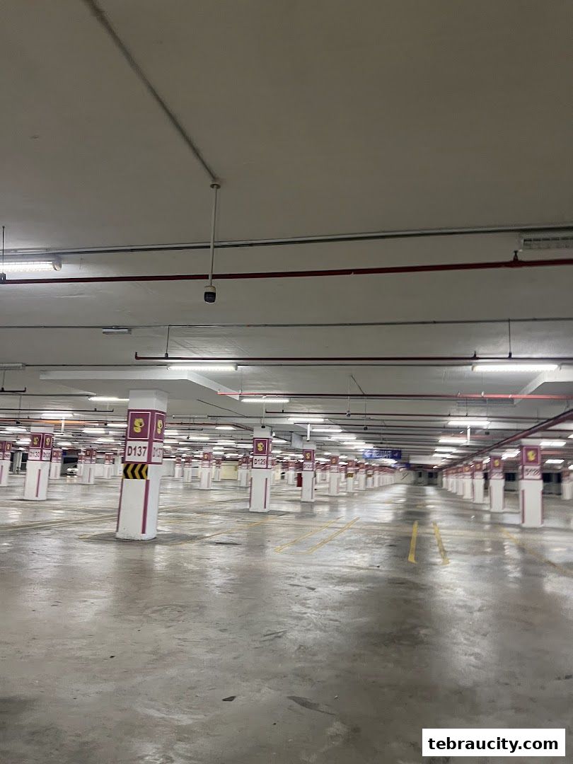 An empty, well-lit multi-level parking garage with numbered pillars.