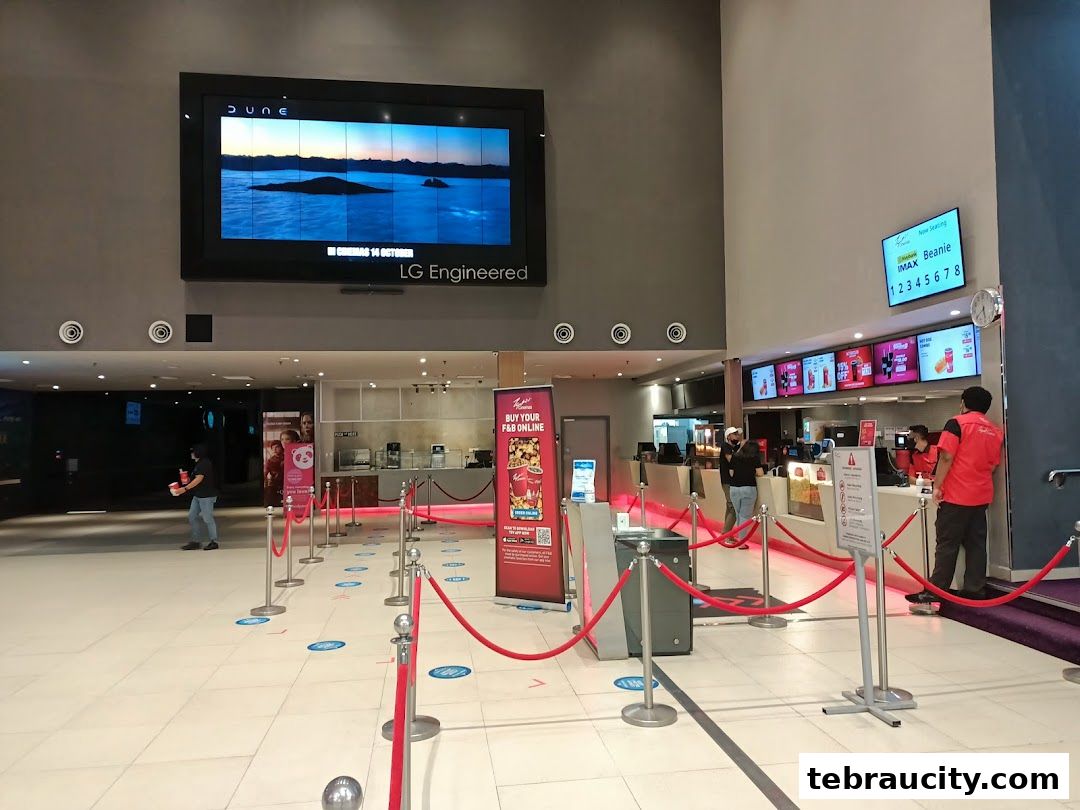 The interior of a cinema lobby with a concession stand and movie posters.