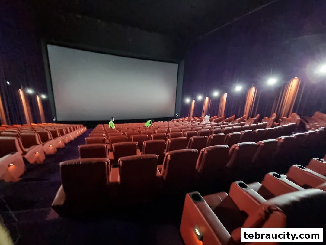 Interior view of a cinema hall with rows of red seats and a large screen.