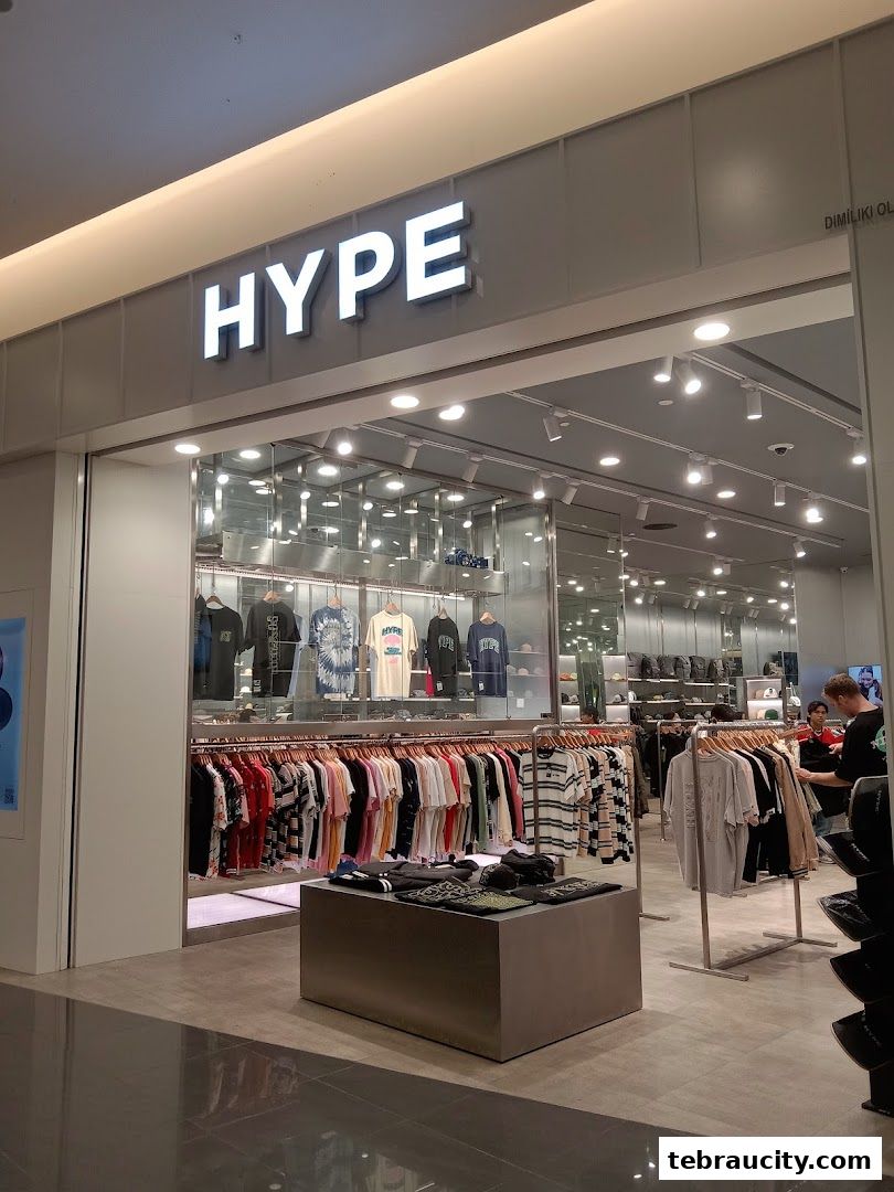 The entrance of a clothing store named HYPE, showcasing a variety of apparel on display.