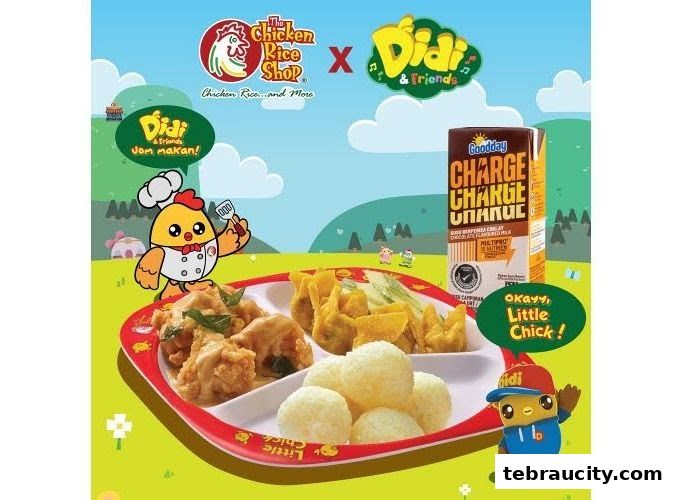 A promotional image for The Chicken Rice Shop featuring a kids' meal and a drink.
