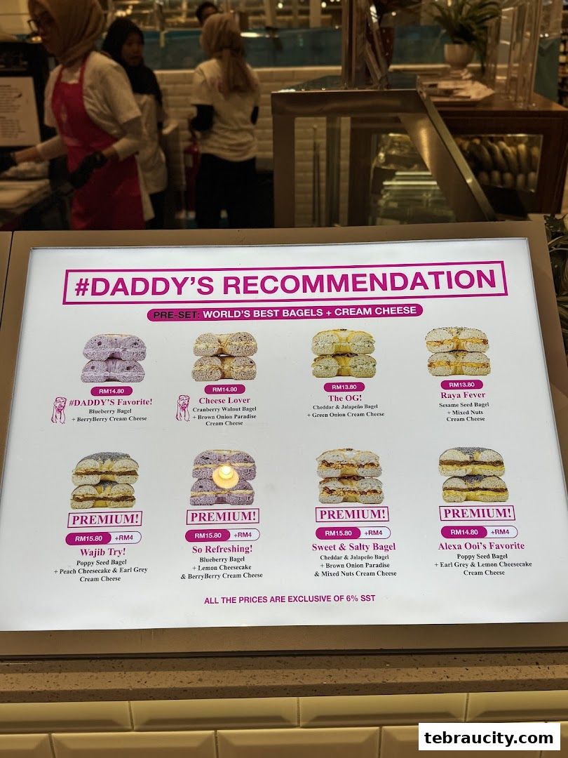A menu board displaying various bagel and cream cheese combinations with prices.