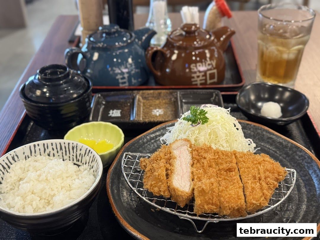 A delicious plate of Tonkatsu with rice, shredded cabbage, and dipping sauces.