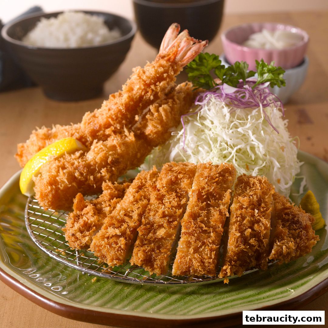 A delicious plate of Tonkatsu and Ebi Fry served with shredded cabbage and rice.
