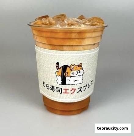 A refreshing iced coffee drink with a cute tiger sushi character on the sleeve.