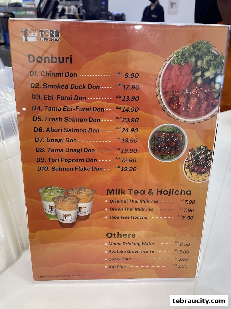 A menu from Tora Sushi Xpress featuring Donburi, Milk Tea, Hojicha, and other beverages.