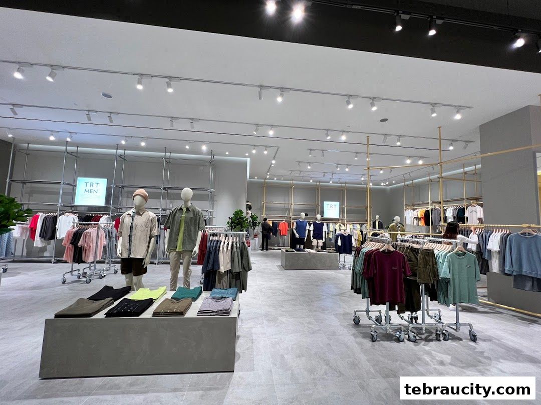 Interior view of a modern clothing store with mannequins and racks of apparel.