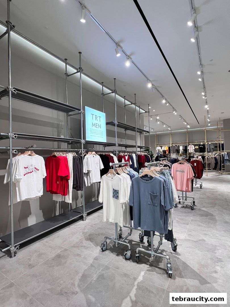 Interior view of a modern clothing store displaying men's t-shirts on racks.