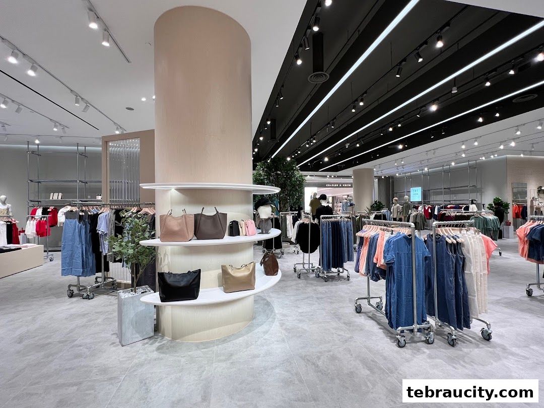 Interior view of a modern clothing store with racks of apparel and display shelves.