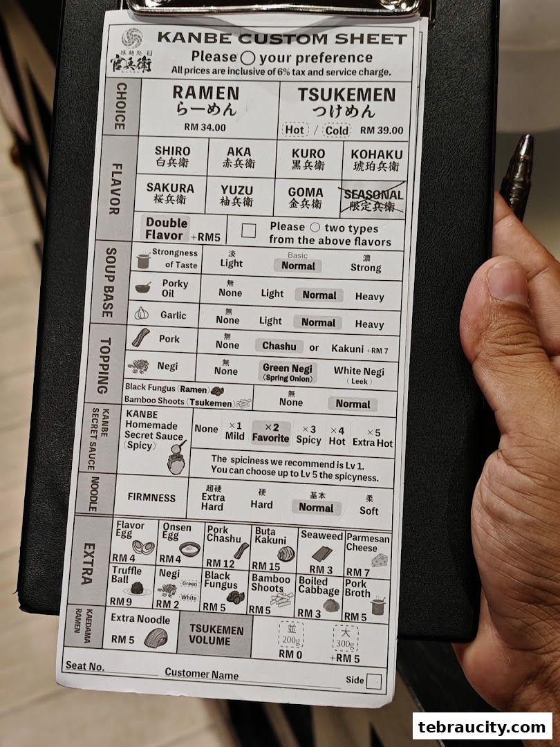 A custom sheet for ordering ramen or tsukemen with various flavor, soup base, topping, and firmness options.