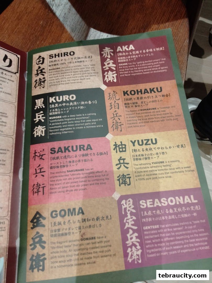 A menu showcasing various ramen flavors with Japanese and English descriptions.