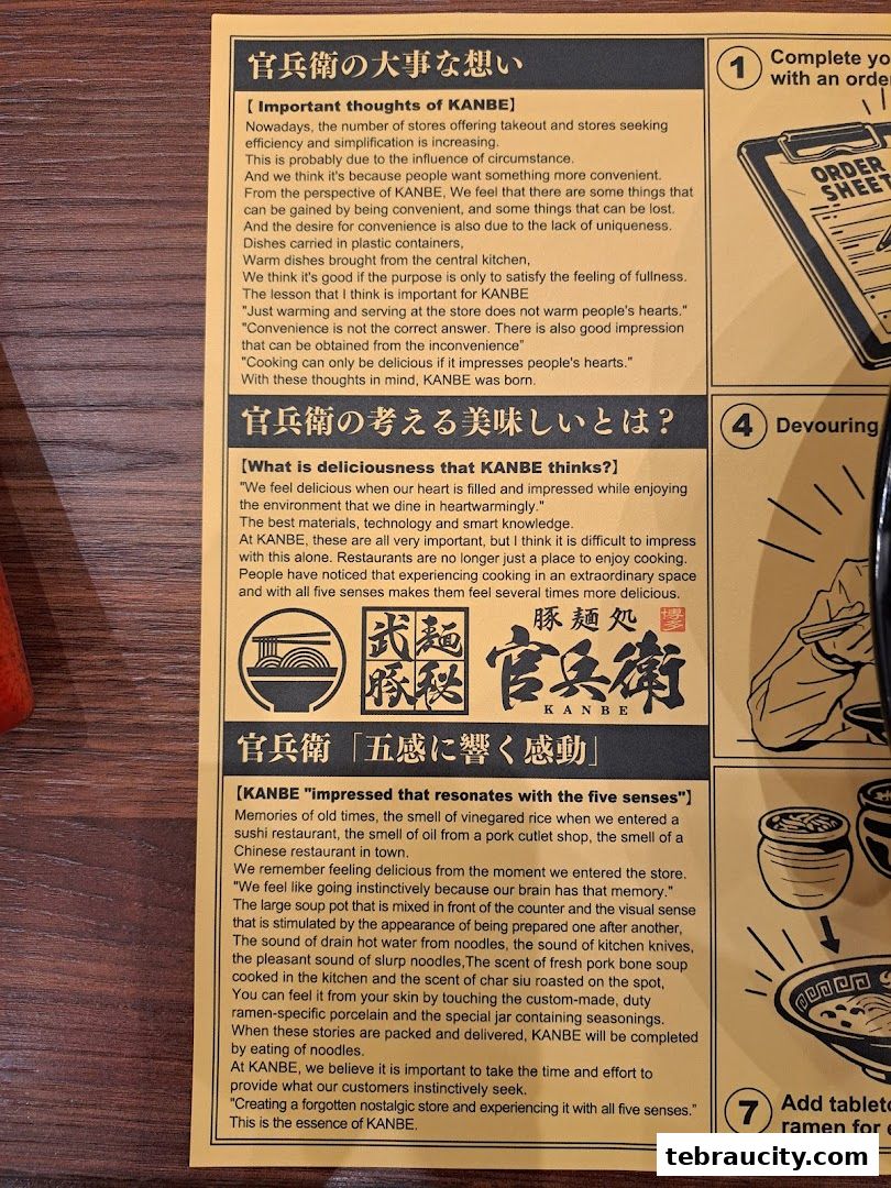 A yellow placemat with text about the restaurant's philosophy and brand story.