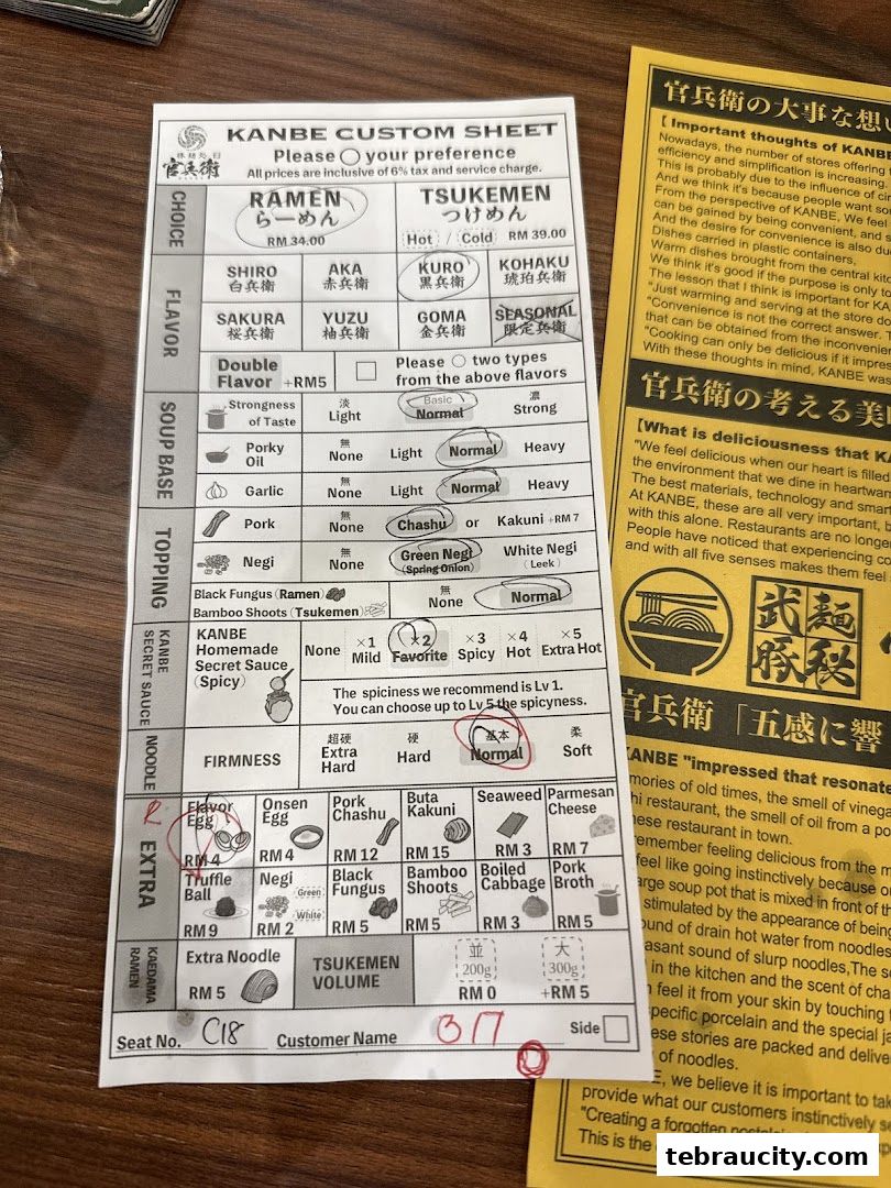 A custom ramen order sheet with various customization options and prices.