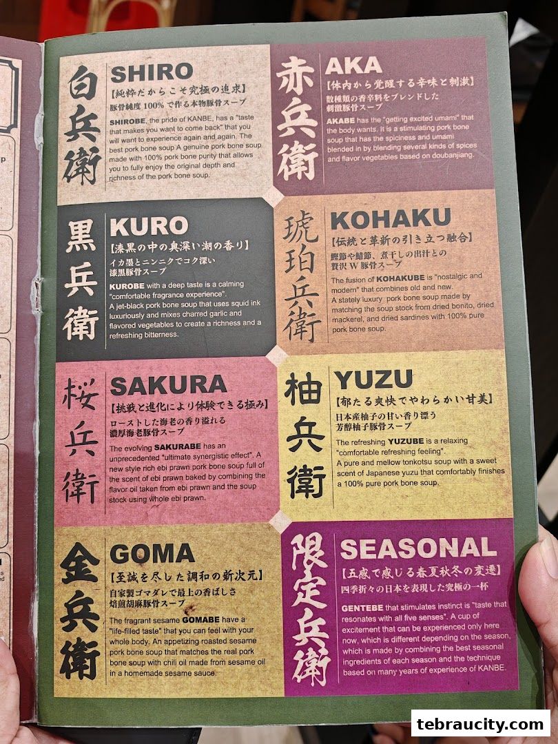 A menu showcasing different types of ramen with Japanese and English descriptions.