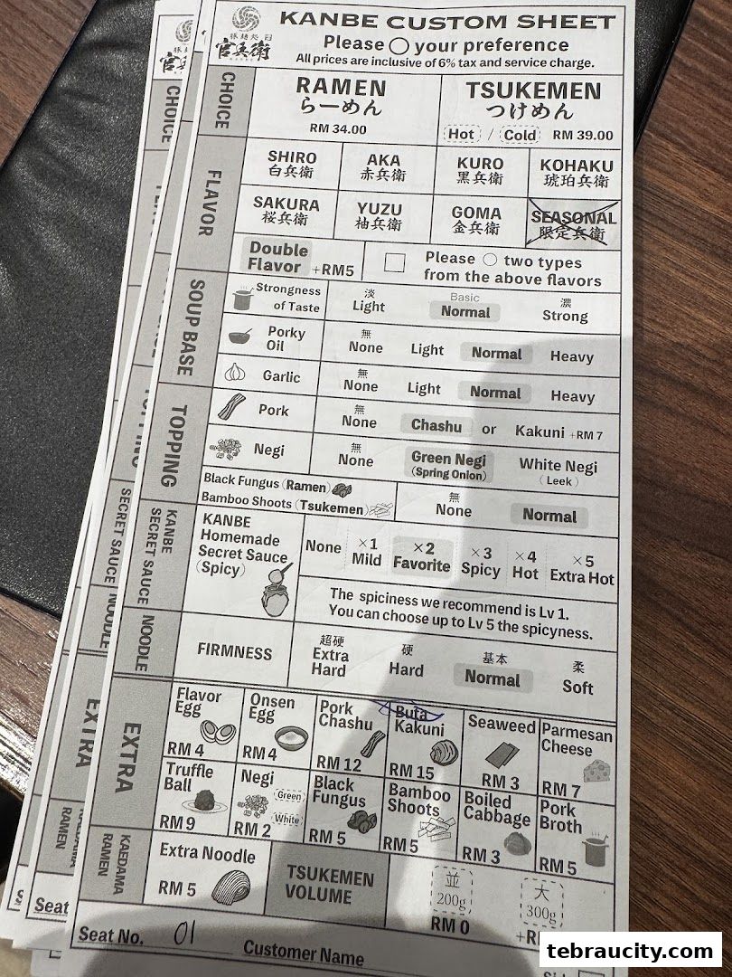 A custom order sheet for ramen and tsukemen with various customization options.