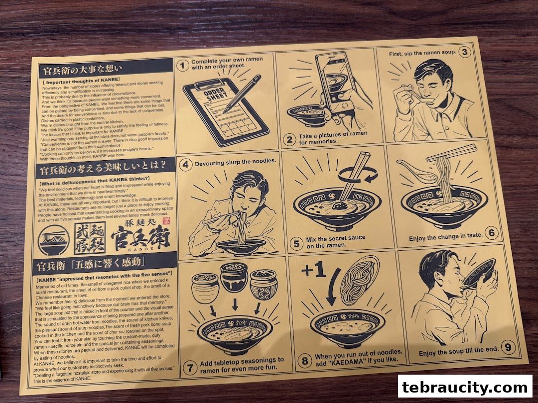 A guide on how to enjoy ramen at Kanbe Ramen, with illustrations and text.