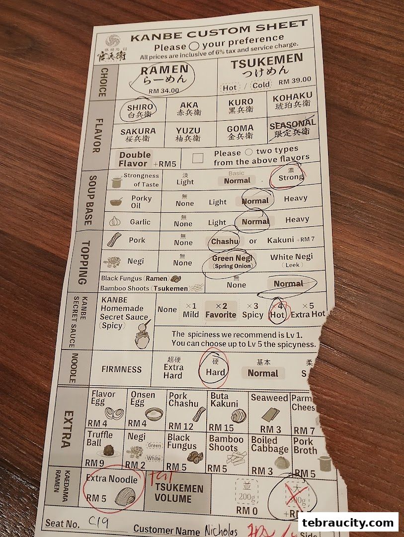 A custom order sheet for ramen with various flavor, soup base, topping, and extra options.